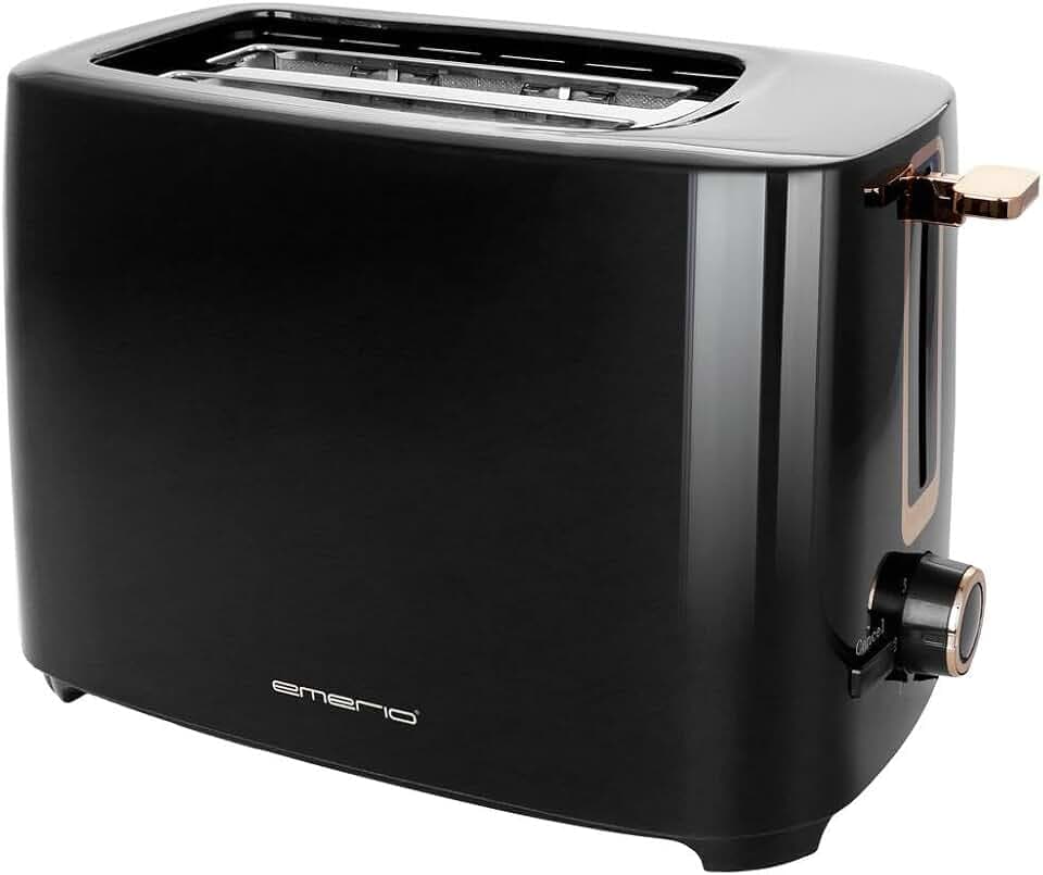 Emerio TO-125131.1 Toaster mit 2 extra Breiten Toastschlitzen für 2 Toastscheiben in einem Rutsch, herausnehmbare Krümelschublade, 7 einstellbare Bräunungsstufen, 700W, BPA frei, schwarz/Gold