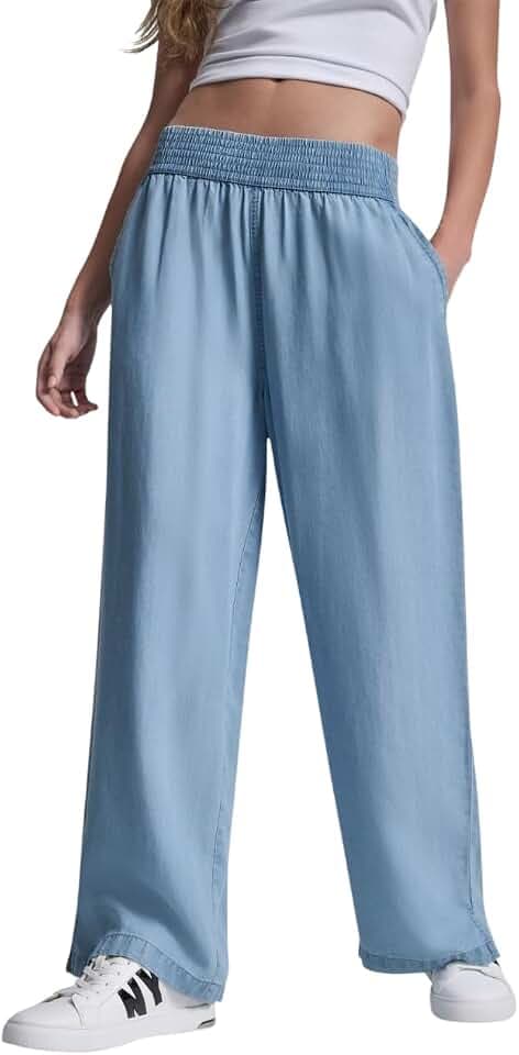 DKNY Women's Smocked Wide Leg High Rise Jeans Pant