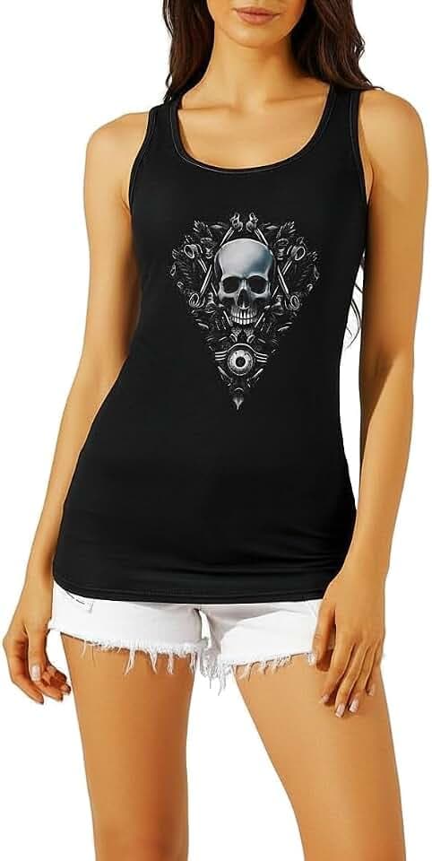 In One Clothing Damen Top, weiches, schwarzes Trägertop mit Totenkopf oder Tag der Toten Motiv