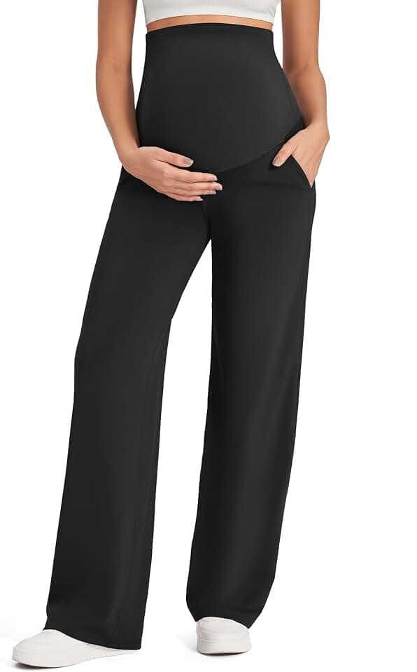 G4Free Umstandshose Damen Hohe Taille Yogahose mit Taschen Weites Bein Umstandsmode für Schwangere Lang Freizeithose Stretch Lose Gerade Hose Klein/Regulär/Groß