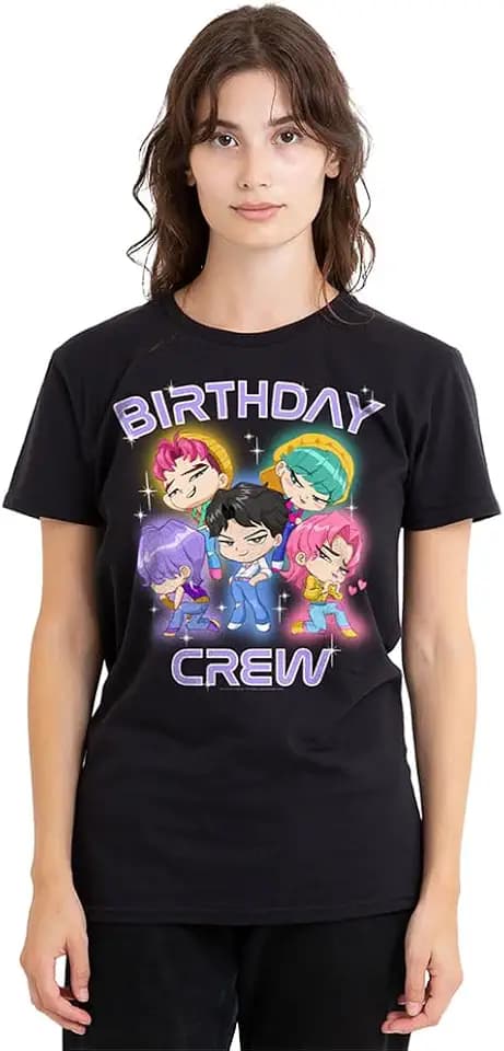 K-Pop Demon Hunters Saja Boys Birthday Crew Group Ladies T Shirt, Black, Large