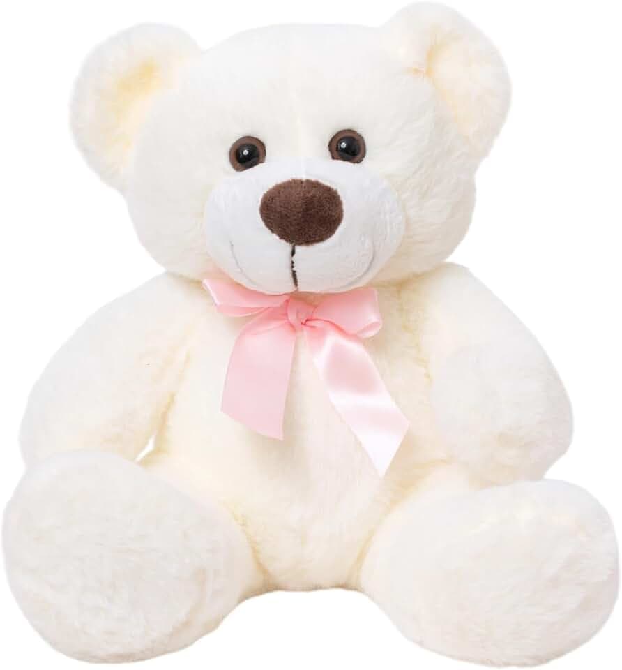 14" White Teddy Bear Plush Toy, Cute Bear Stuffed Animal with Pink Bow, Soft & Huggable Plush, Birthday Valentine’s Day, Perfect for Kids Girlfriends Babies Friends