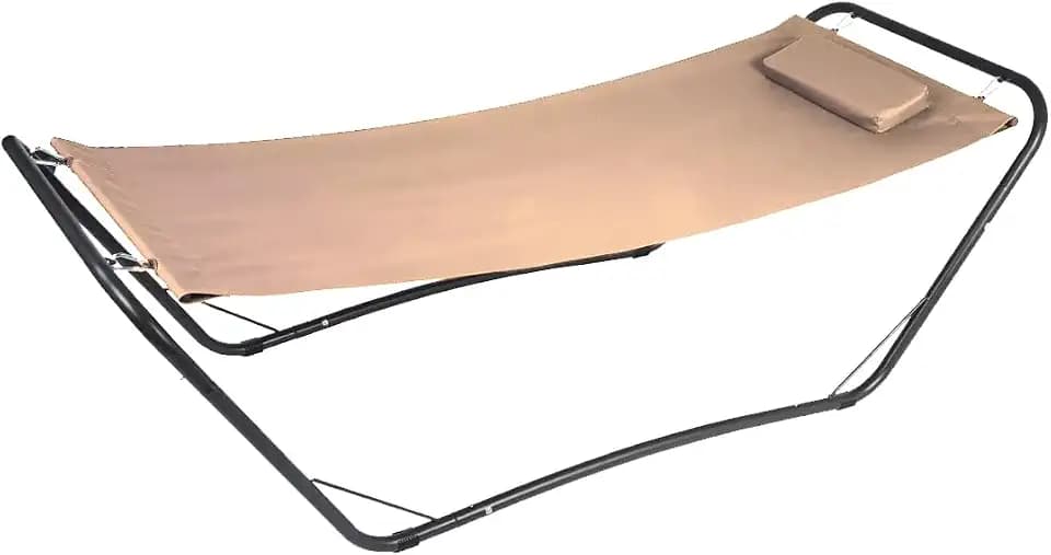 Hängematte für den Garten aus Stahl – Hängematte mit Halterung und Kissen, ideal zum Entspannen auf der Terrasse oder dem Balkon, robuste Struktur aus Metall, Tragkraft 100 kg, 210 x 80 x 65 cm, Beige