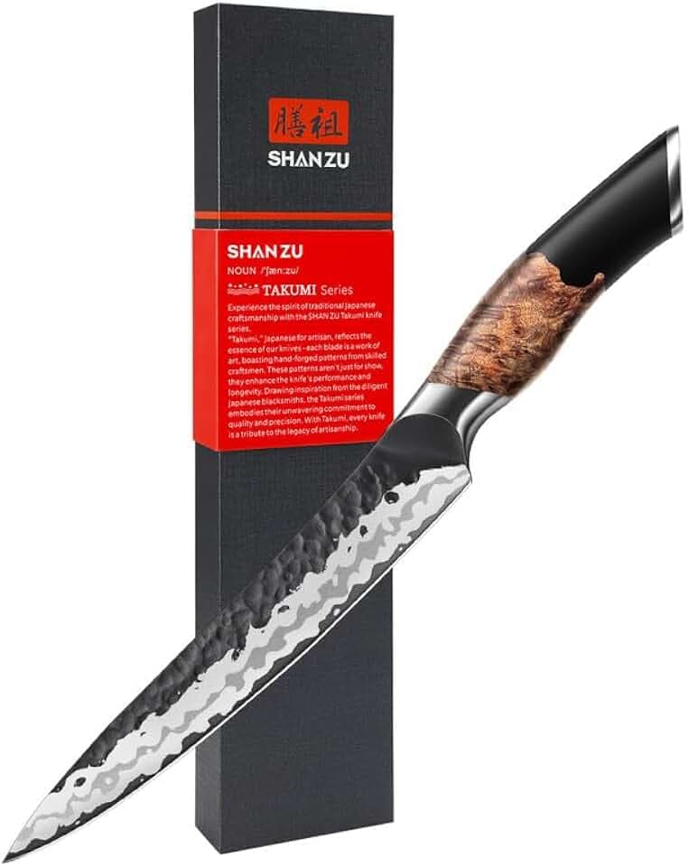 SHAN ZU Allzweckmesser Japanisches Kochmesser, 7 Schichten Hochwertigem Carbon Stahl Tranchiermesser, Ultra Scharf Profi Küchenmesser mit ergonomischem Ahornholzgriff Utility Knife
