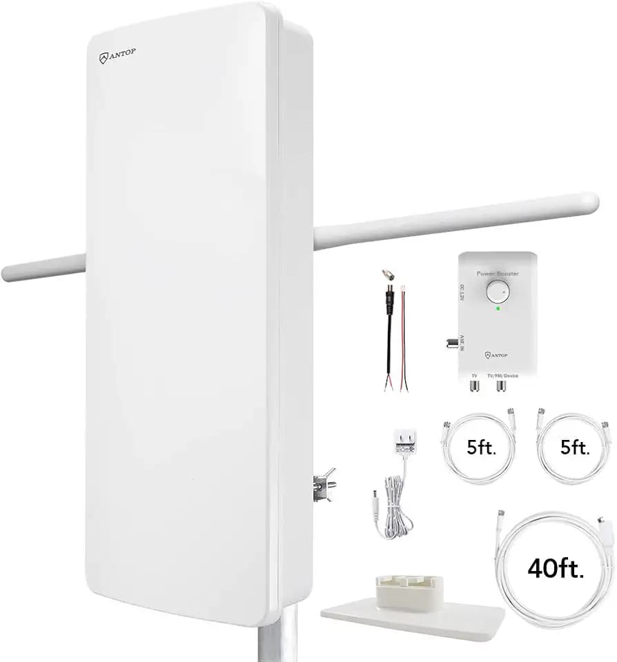 ANTOP HDTV ＆ FM Amplified Antenna Outdoor Indoor 85 Miles AT-800SBS Antenna with Dual Outputs Smart Boost System, Support TV and Second Device-FM Stereo, a Second TV or Any OTA-Ready Streaming Device