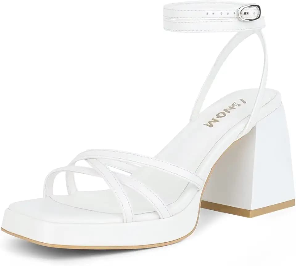 ISNOM Narrow Feet White Platform Heels for Women Comfy Strappy Heels Short Block Chunky Sandals Ankle Strap Simple Summer Heeled Sandals Square Open Toe for Wedding Work Party Dress Prom Size 9.5