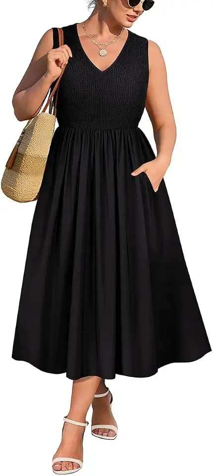 RITERA Plus Size Summer Dresses for Curvy Women Sleeveless V Neck Spring Wedding Guest Dress Maxi Smocked Casual Dress XL-5XL