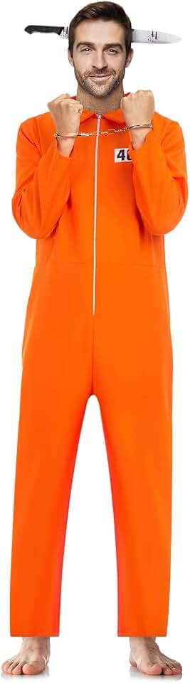 3 IN 1 Faschingskostüme Männer - Gefängnis Kostüm - Karneval Kostüm Herren, Gefängnis Kostüm Orange, Karneval Haarreif, Handschellen - Prisoner Costume
