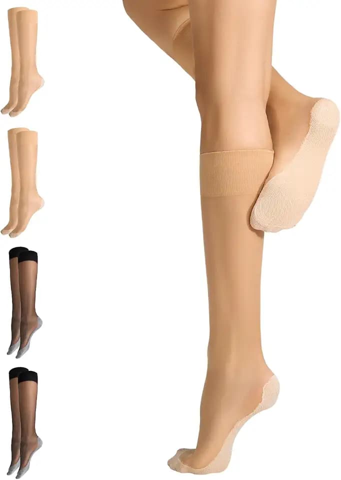Yilanmy Knee High Stockings for Women Anti-Slip Cotton Sole 4 Pairs Nylon Sheer Trouser Socks with Reinforced Toe