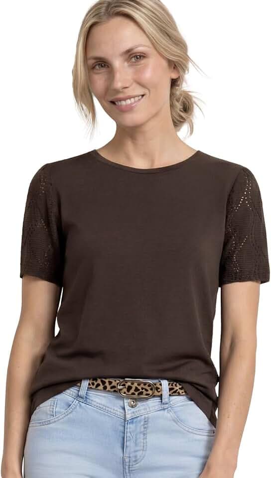 Damen T-Shirt mit Rundhals und Spitzenärmeln