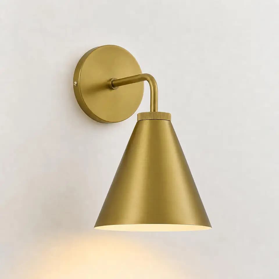 Mid Century Modern Wall Sconce, Antique Brass Finish, 6" Metal Cone