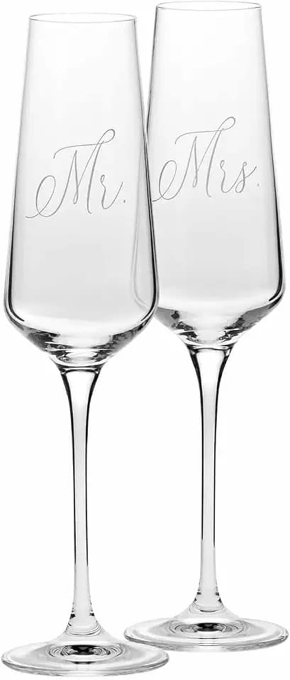 Krosno Champagnergläser Mr & Mrs 2er Set 180 ml - Prosecco-Sekt gläser - handgefertigt aus bleifreiem Kristallglas, matt weiß verziert - Hochzeitsgläser als Geschenk für Paare