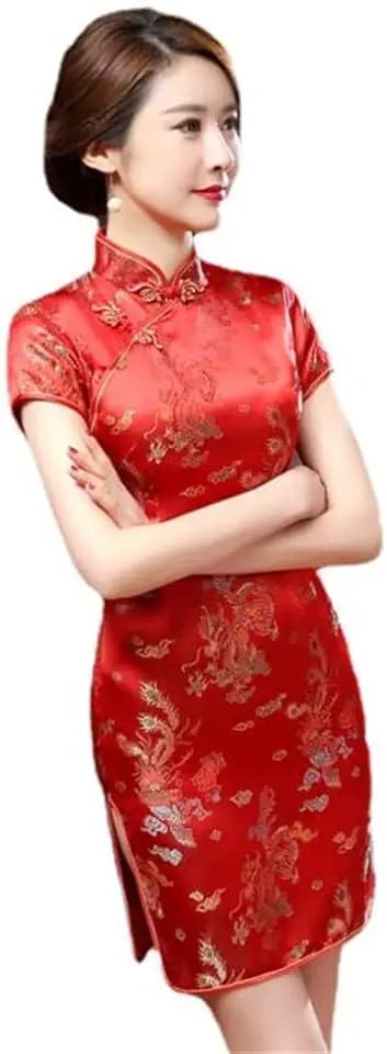 Black Sugar Qipao Kurzes und langes Kleid mit kleinen Ärmeln und Drachenmotiv, Brokat, Cheongsam, Tunika
