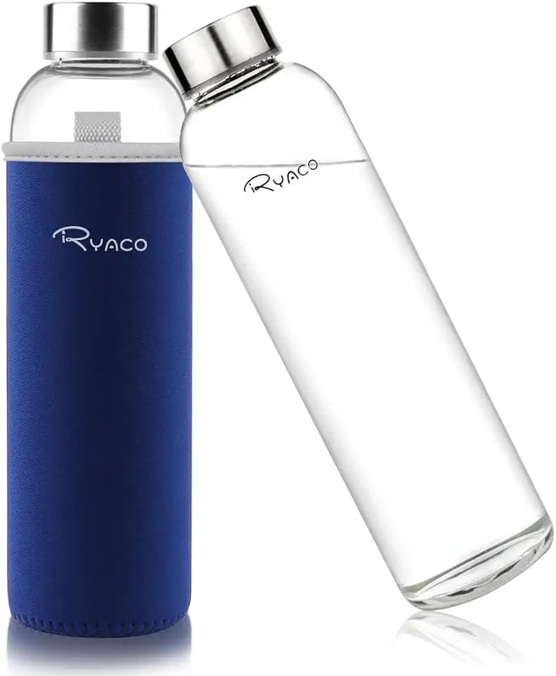 Ryaco Trinkflasche aus Glas 550ml/750ml/1000ml/1L,Glasflasche mit Neoprenhülle,Glastrinkflasche mit Schraubverschluss,Wasserflasche Glas für heiße kalte Getränke,spülmaschinenfest