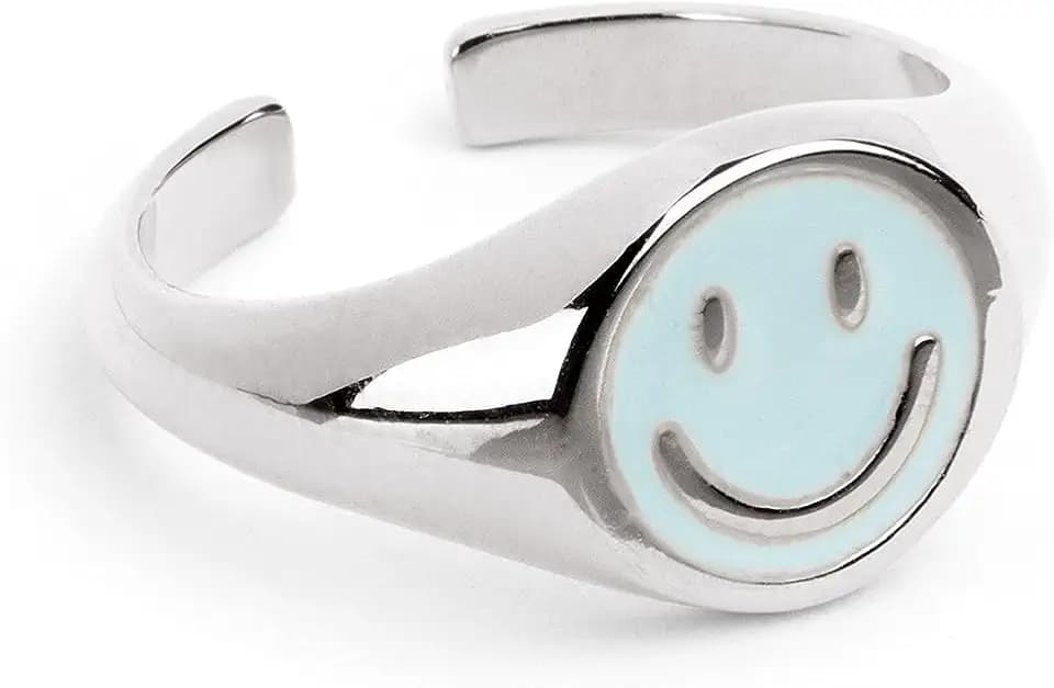 SINGULARU - Smiley Emaille Ring. Messing mit 18 Kt Vergoldeter oder Rhodinierter Beschichtung und Emaille. Schmuck für Damen.