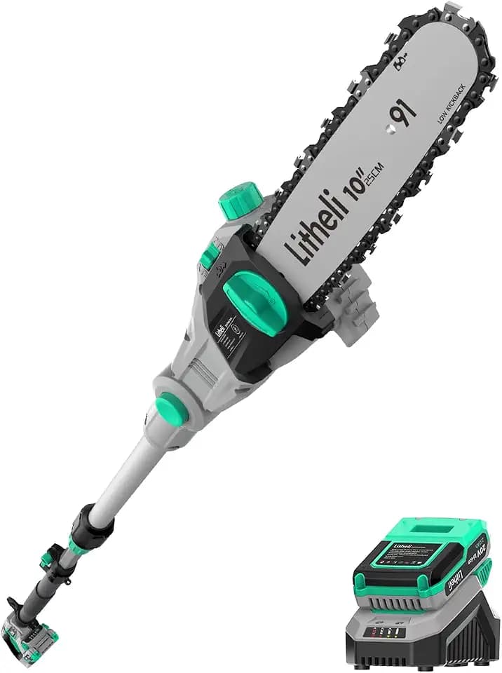 Litheli 10-Inch Pole Saw, 16ft/s Cordless Chainsaw for Tree Trimming, 8.5ft Telescoping with 2.0Ah Battery