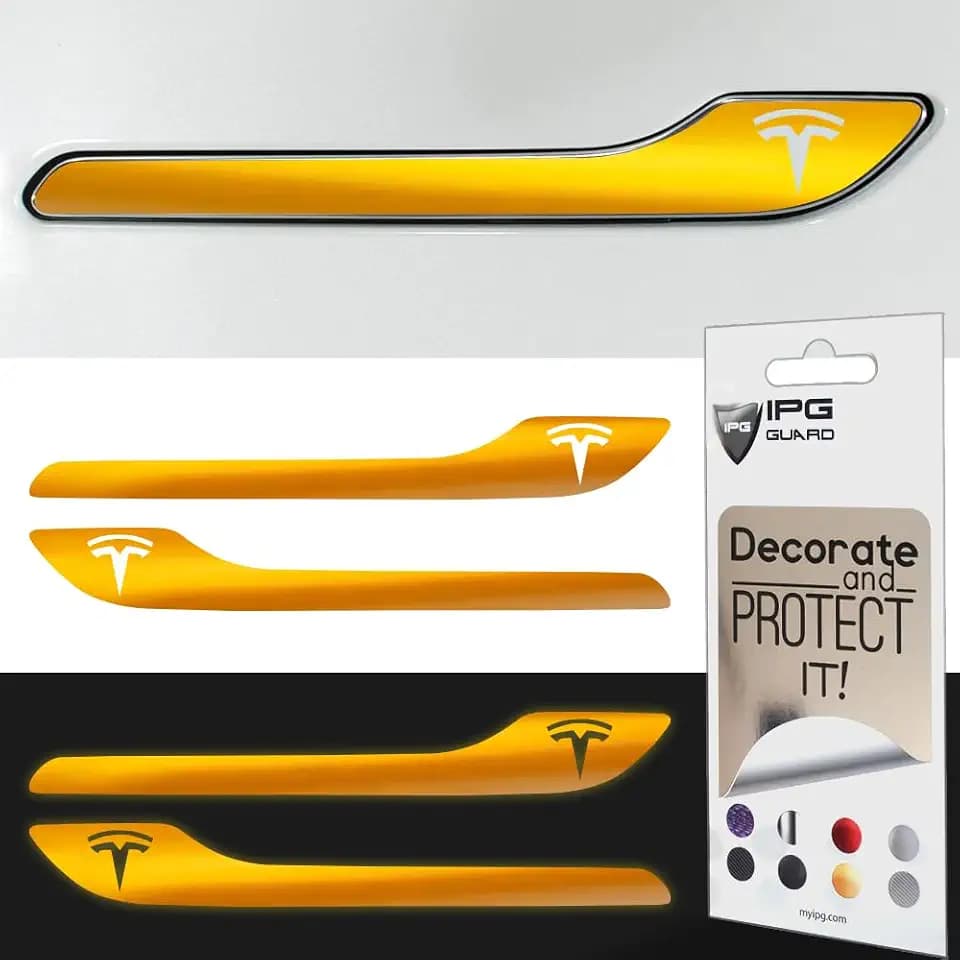 IPG Compatible for Model 3 / Model Y/Juniper Door Handle Decal Sticker Wrap Kit (Set of 4) with Tesla Logo Personalize Your Tesla (Reflective Series - Yellow)