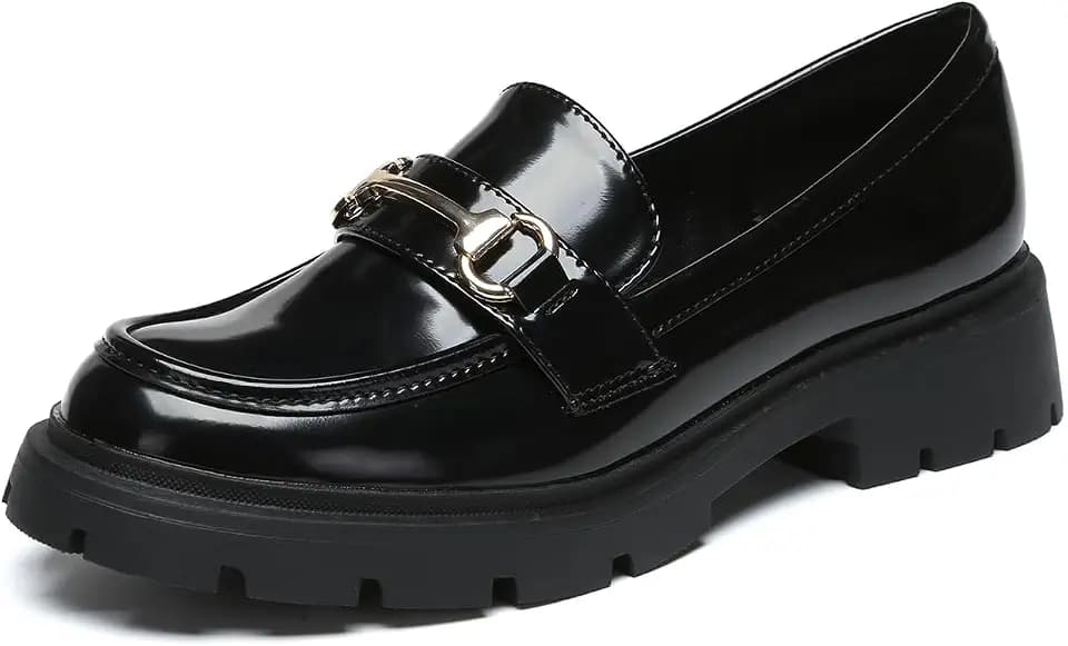 Women's Chunky Platform Loafers with Buckle Patent Leather Black Penny Loafers Fashion Office Work Business School Dressy Casual Shoes Comfortable Slip-on