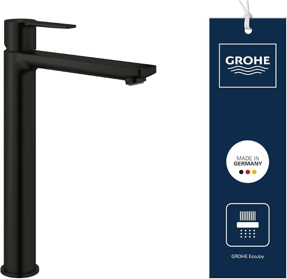 GROHE Lineare, Waschtischarmatur hoch, wassersparend (Wasserhahn für das Bad, 31cm hoch, ideal für die Montage hinter dem Waschbecken, einfache Installation), mattschwarz, 234052431