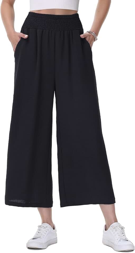 HMIYA Damen 3/4 Culotte Hose Leicht Sommerhose Weites Bein Stoffhose Luftig