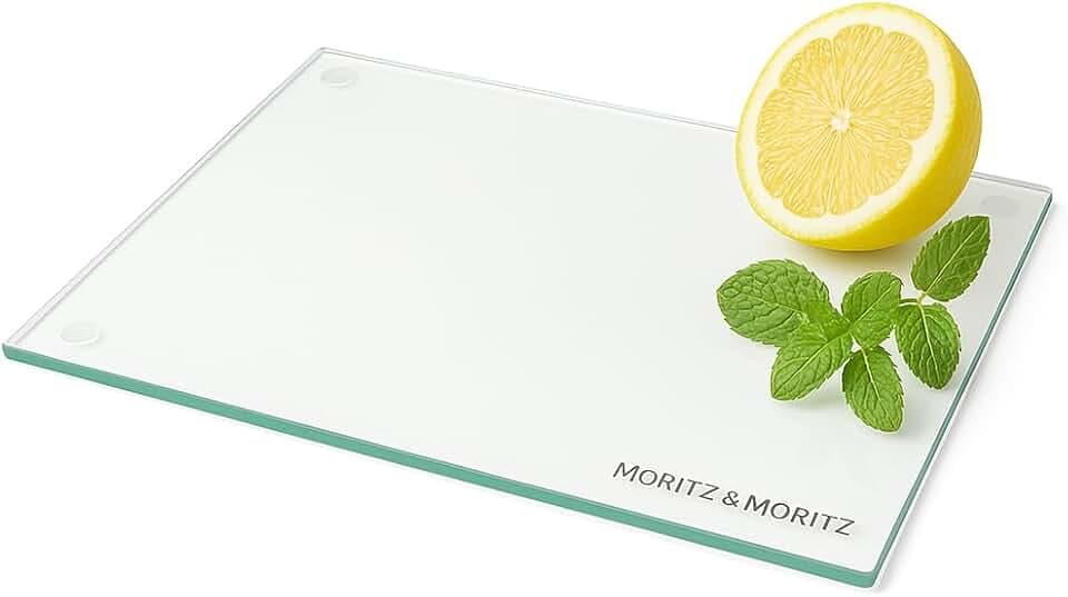 Moritz & Moritz Glasschneidebrett 40x30 cm - Kratzfestes & hygienisches Schneidebrett aus Sicherheitsglas - Rutschfestes Schneidebrett Glas als Küchenbrett, Schneidunterlage & Servierplatte