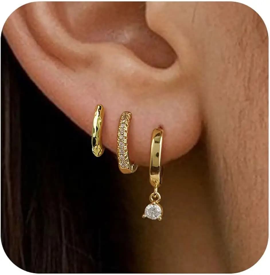 3 PairsTrendy Dainty Set Earrings- 14K Gold Plated Hoop Earrings for Women, Hypoallergenic Lightweight Stackable Jewelry Gift for Multiple Piercings