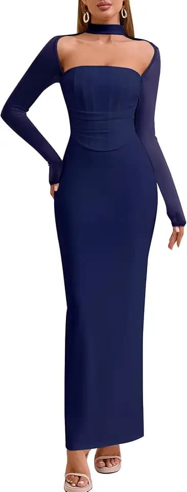 HTZMO Fall Wedding Guest Formal Long Sleeve Bodycon Maxi Dress for Women