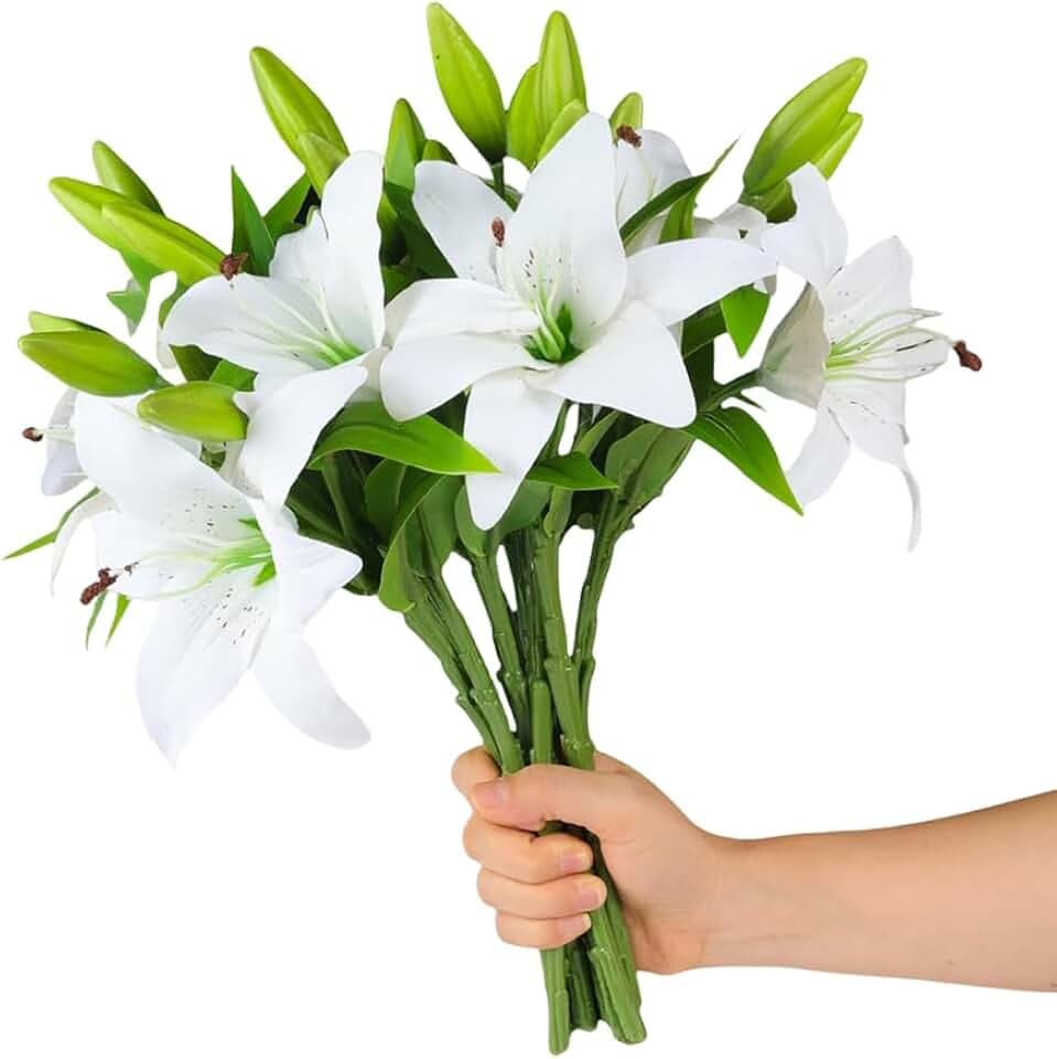 6 Bundles Artificial Tiger Lily Flowers White Touch Lilies Flower Bouquet Faux Floral Table Centerpieces Arrangement for Wedding Home Party Garden Office Decor (White)