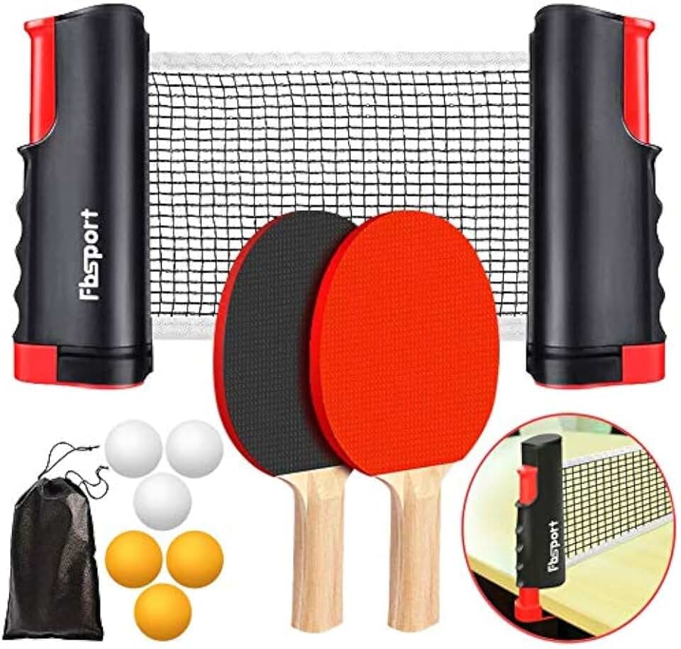 FBSPORT Tischtennis-Set, Tischtennisschläger-Set, 2 Tischtennisschläger, 6 Bälle, 1 Tasche, 1 ausziehbares Netz, Tischtennis-Set für Anfänger und Fortgeschrittene