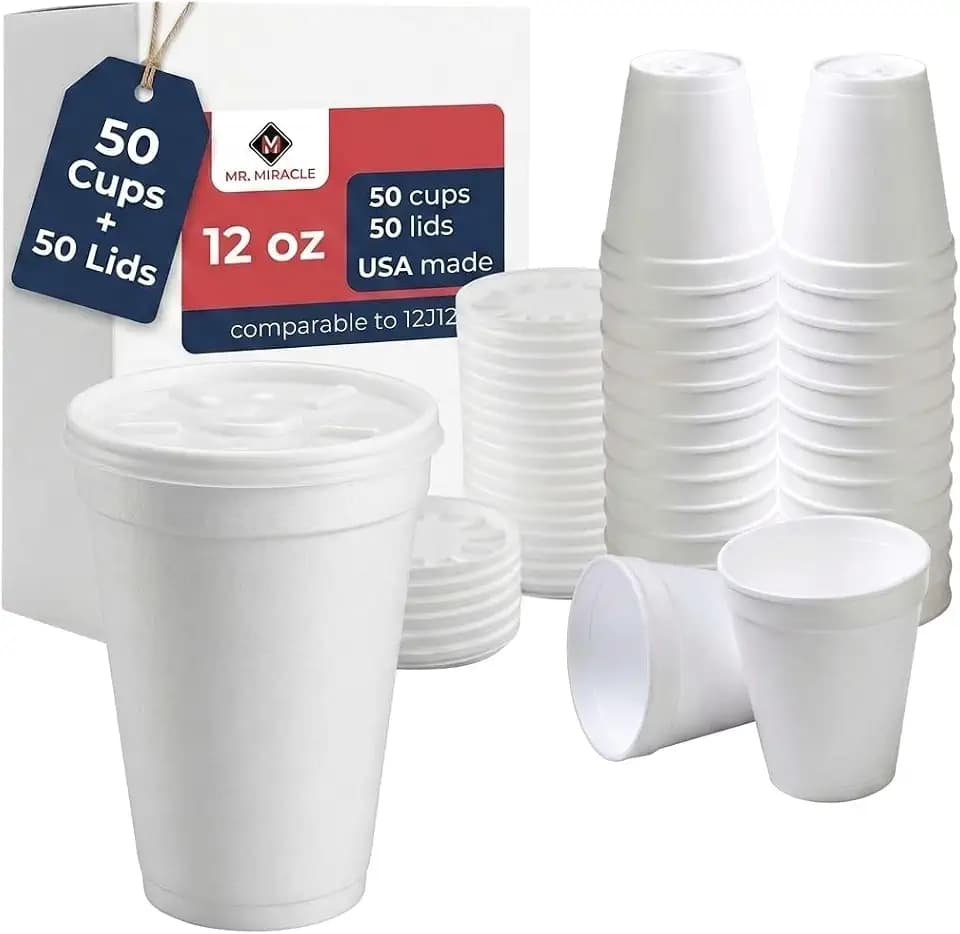 12 OZ Foam Cups for Hot & Cold Drinks. USA-Made 50-Pack - Ideal Styrofoam Coffee Cups, Insulating To-Go Cups for Soda, Tea, Juice - Sturdy, Disposable & comparable to Industry standard 12J12