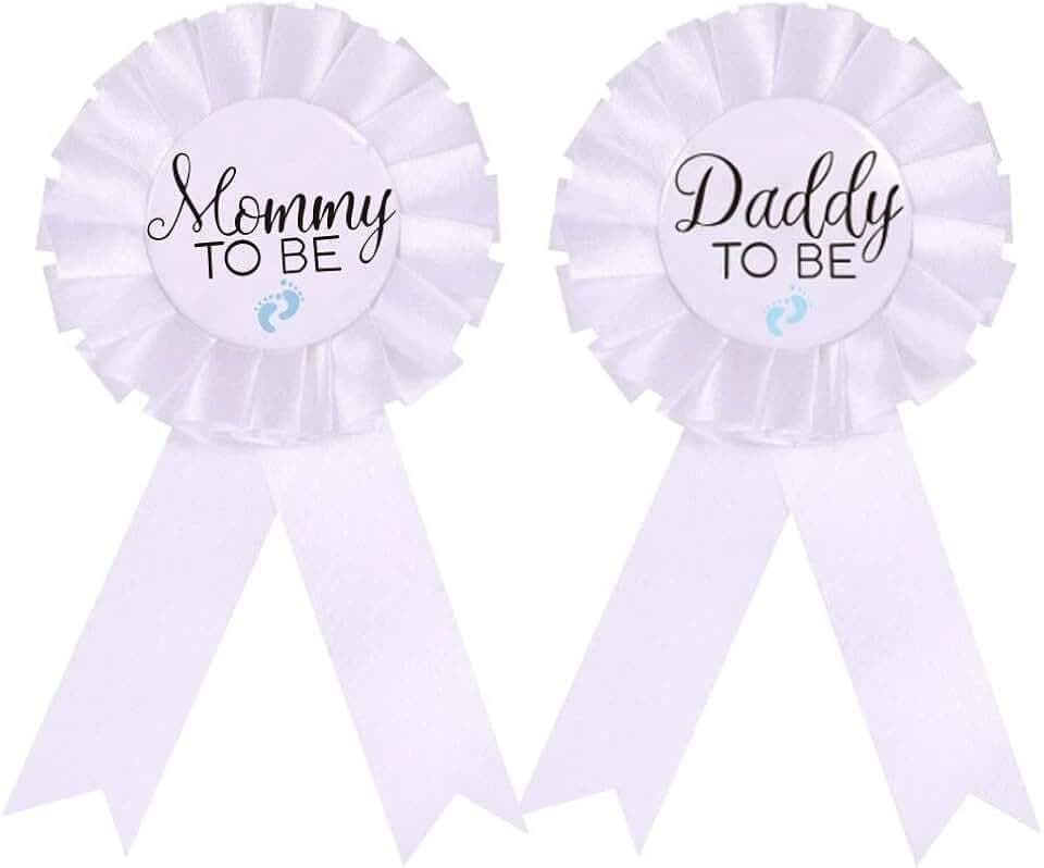CoolerthingsDG, Daddy to be & Mommy to be Tinplate Badge Pin - Baby Shower Button New Dad Gifts Gender Reveals Party Baby BOY White Rosette Button Baby Celebration (White, Blue footprint)