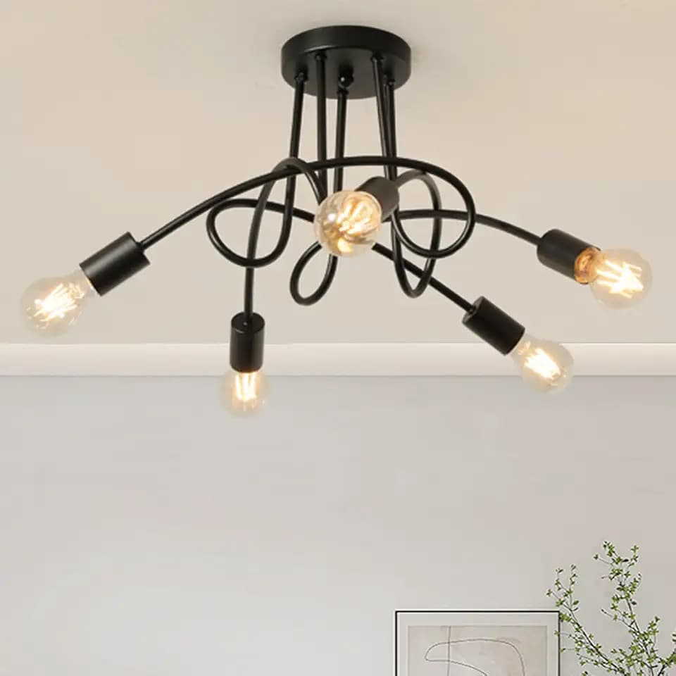 Modern Farmhouse Chandelier,25 Inch Black Metal Spiral Rustic Vintage Semi Flush Mounted Ceiling Light Fixture for Dining Room Bedroom Kitchen Island Hallway Foyer Entryway(5-Light)