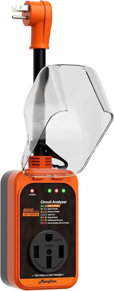 Marsflex Rv Surge Protector, 15 Amp to 50 Amp Rv Circuit Analyzer,8000 Joules Surge Protection with Waterproof Cover, 5-15P Male to TT-50R Female Plug, for rvs Camper, Travel Trailers, Orange