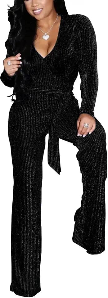 Sequin Jumpsuits for Women Plus Size Sexy Elegant Clubwear Sparkly High Waist Wide Leg Disco Outfit