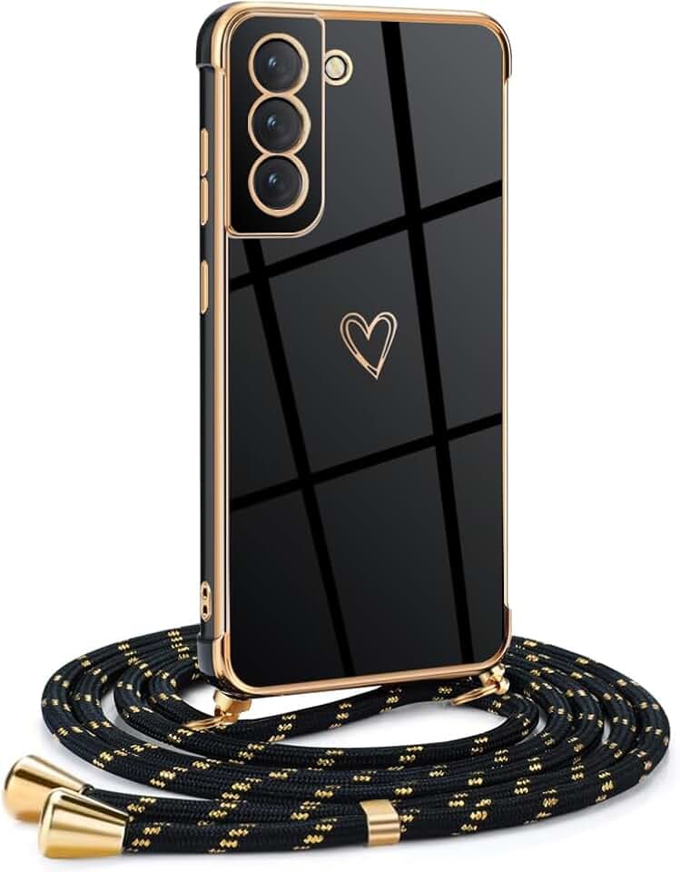 Frauen Mädchen Handykette Kompatibel mit Samsung Galaxy S22 - Silikon Hülle mit Band - Handyhülle für Samsung Galaxy S22 Herz Love Design Galvanik - Hülle mit Kordel in schwarzes Gold