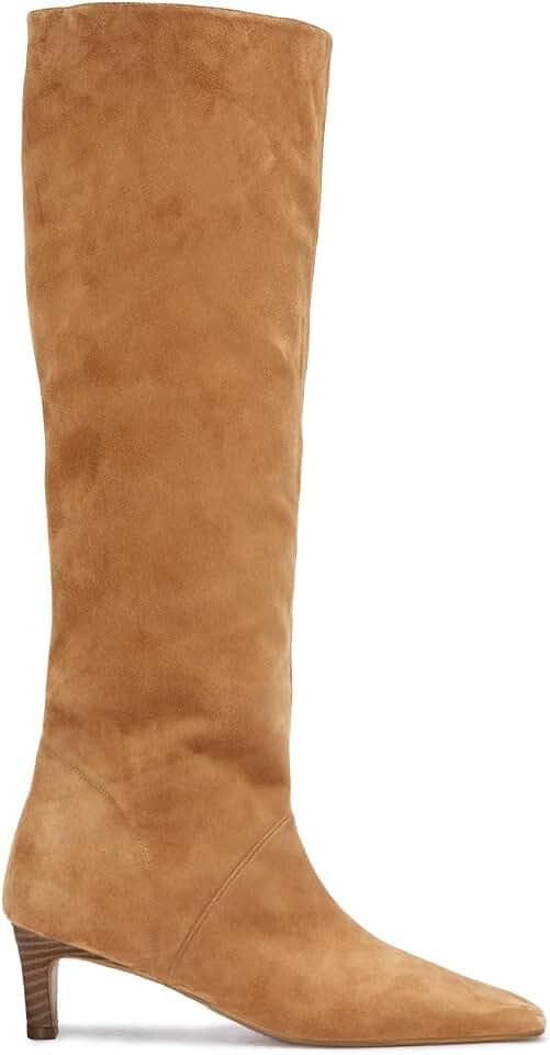 Coutgo Womens Knee High Boots Wide Calf Kitten Heel Pointed Toe Long Boots Pull On Winter Dress Shoes, Light brown, size 9