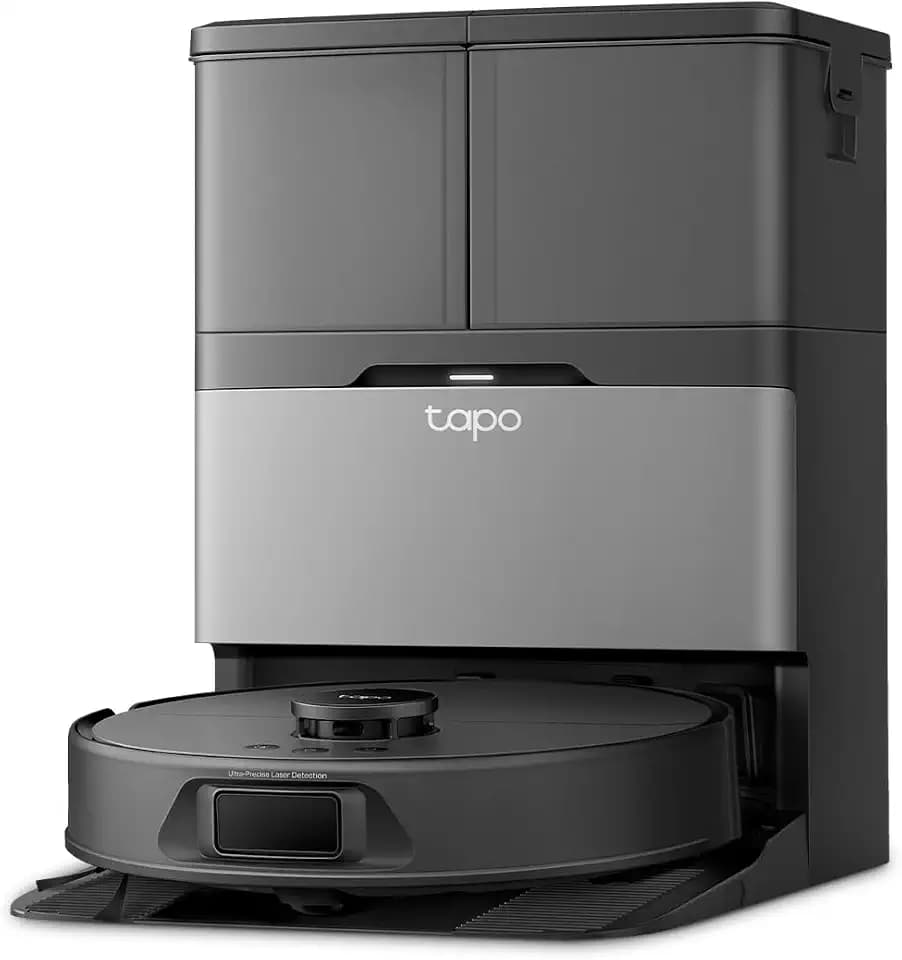 Tapo Staubsaugerroboter, RV50 Pro Omni, selbstreinigende Station, Ultra-leistungsstark 15.000 Pa, Waschen mit warmem Wasser 60 °C & Warmlufttrocknung, LiDAR Dual Laser-Navigation, Teppiche und