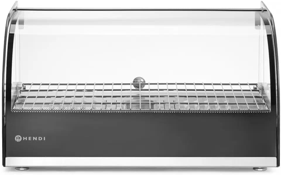 HENDI Warmhaltevitrine, Temperatur regelbar bis 85°C, große Glasture, mit heraunehmbarer Krümelschublade, inklusive feinmaschigem GN 1/1 Rost, einzeln, 230V, 400W, 554x376x(H)311mm, Edelstahl