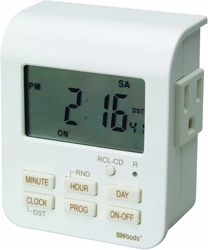 Southwire Woods 7-Day Indoor Heavy Duty Digital Timer - Dual Outlets - Energy-Saving Digital Timer - LED Compatible - Easy-to-Use Electrical Devices Timer - White
