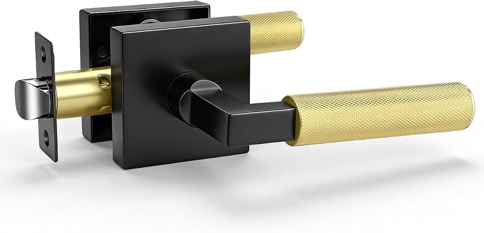 KNOBWELL 1 Pack Black and Gold Door Handle Square Doorknob with Lever Inside Passage Door Handle for Hallway Closet Pantry