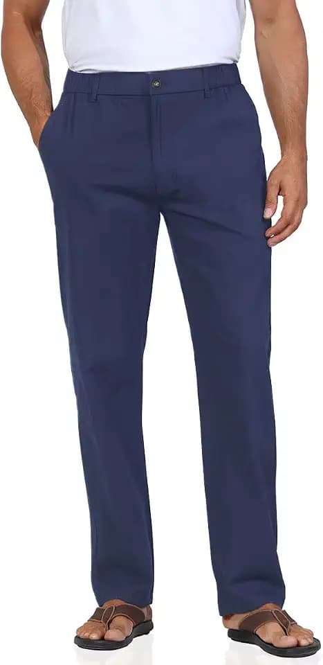 Soojun Men's Linen Blend Relaxed Fit Straight Leg Elastic Waist Pants