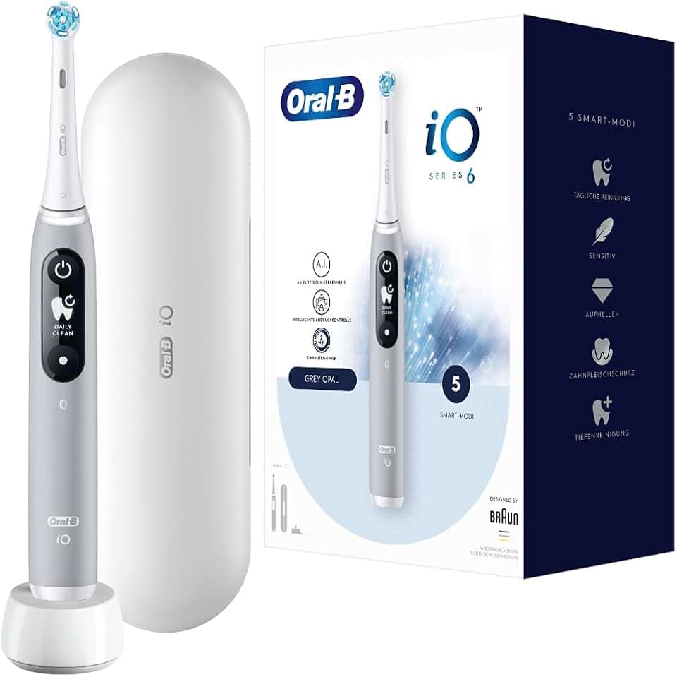 Oral-B iO Series 6 Elektrische Zahnbürste/Electric Toothbrush, 5 Putzmodi für Zahnpflege, Magnet-Technologie, Display & Reiseetui, Geschenk Mann/Frau, Designed by Braun, grey opal