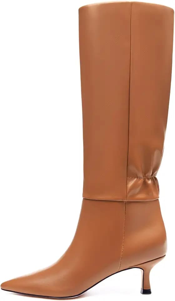 Coutgo Womens Kitten Heel Knee High Boots Pointed Toe Tall Boots Pull On Winter Dress Long Boot Shoes