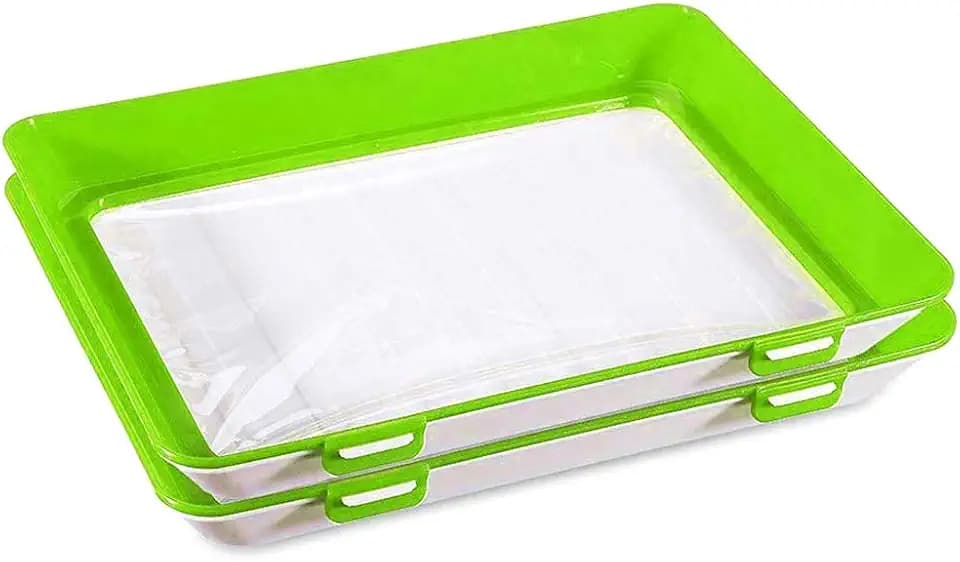 Food Preservation Tray, 2 Pack Stackable BPA Free Plastic Food Storage Container with Elastic Reusable Locking Lid for Refrigerator and Freezer Flat Food (Green)