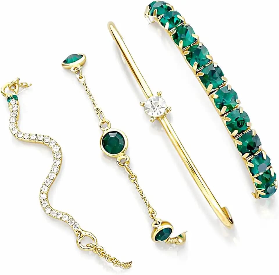 4Pcs Emerald Green Crystal Bracelet Set for Women, Gold Tone Stackable Rhinestone Cuff Bangle Chain Bracelets, Boho Layered Party Jewelry Gift