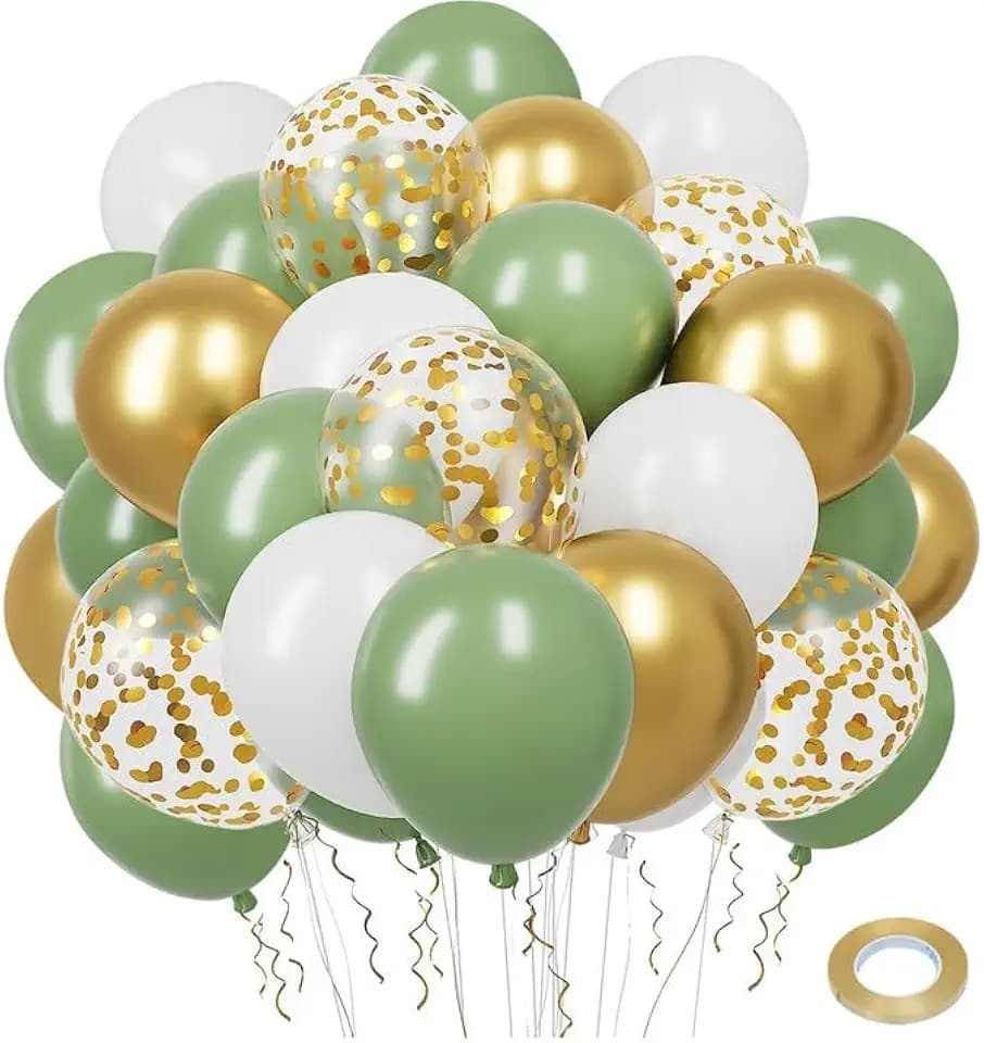 Luftballons Geburtstag Grün Gold, 52 Stück Retro Grüne Weiß Goldene Luftballon Mit 2 Band, Metallic Gold Konfetti Ballon, Eukalyptus Salbei Grün Helium Ballons Hochzeit Party Baby Shower Taufe Deko