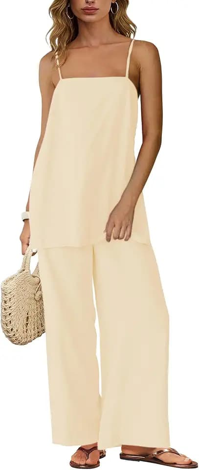 Dokuritu Two Piece Summer Line Sets for Women Outfits Matching Lounge Sets Spaghetti Strap Tank Top Pants Sets with Pockets