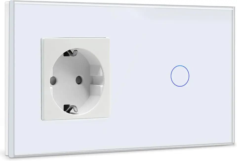 BSEED Steckdose mit Lichtschalter,Glas Touch Lichtschalter Unterputz Schalter,Schuko Steckdose mit 1 Fach 1 Wege Wandschalter Weiß(Nicht Smart Schalter)