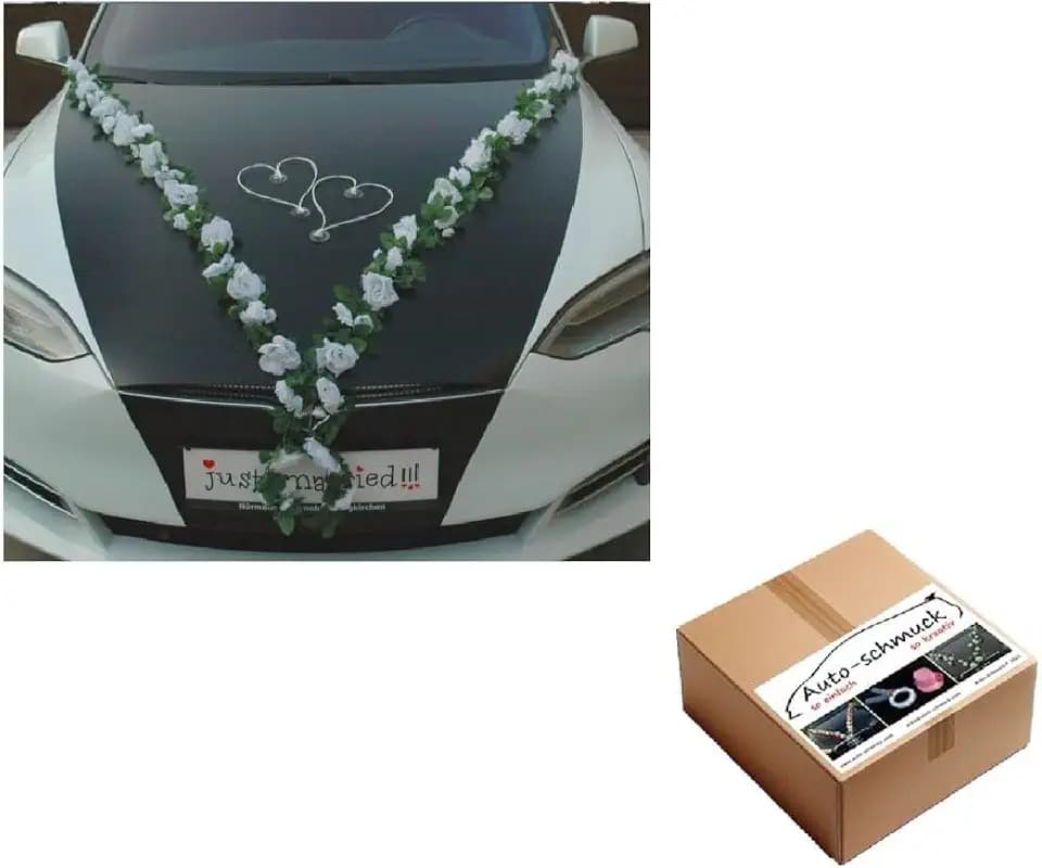 VIP Girlande 30 Azaleen 30 Rosen 18 extrastarken Saugnäpfen 2 x 180 cm Girlande 4 Türgriffdekorationen 2 Rattanherzen Braut Paar Autoschmuck Hochzeit Car Auto Wedding PKW ®Auto-schmuck (Weiß 2)