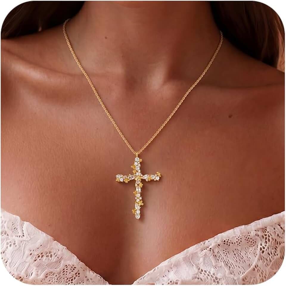 Robaice Cross Necklace for Women, 14K Gold Plated Double Pendant Necklace